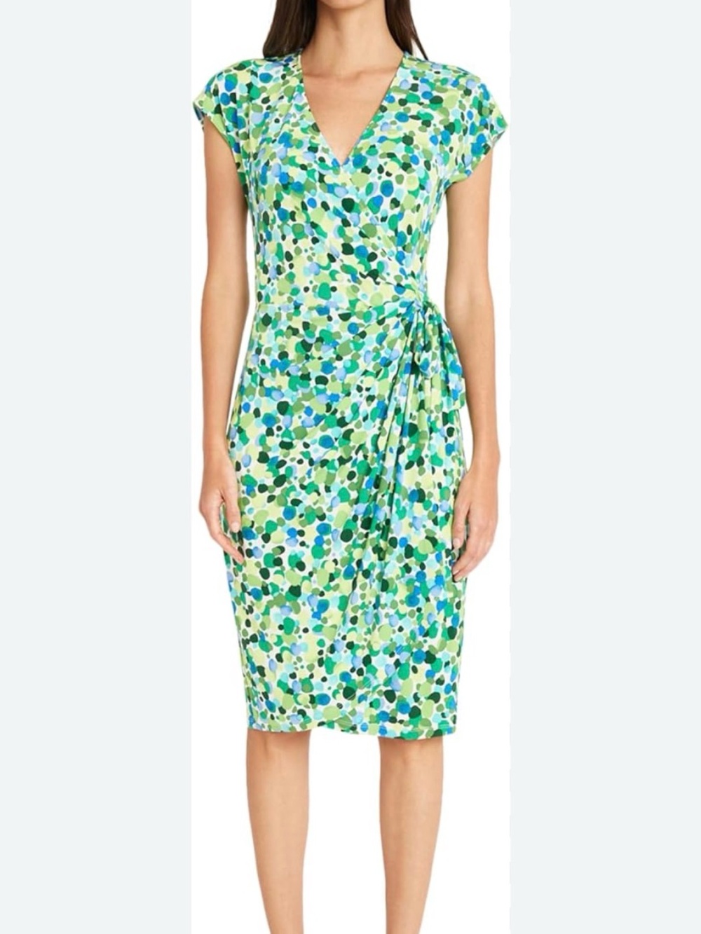 Maggie London Cap Sleeve V-Neck Green Dot Wrap Dress